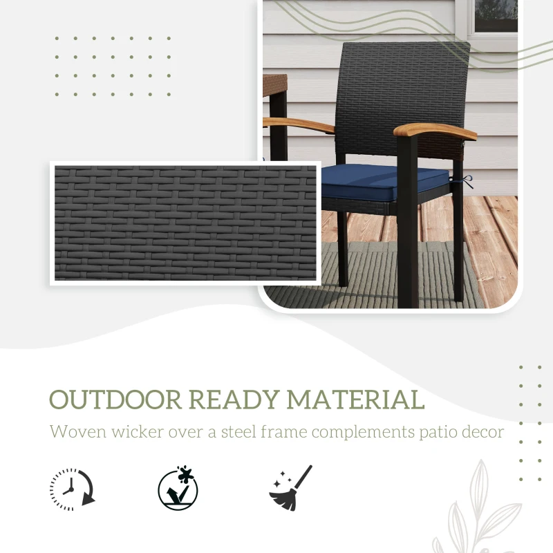 Outsunny Outdoor Dining Set 7 Pcs Space-Saving PE Rattan Patio Table and Chairs w/ Acacia Wood Table Top Soft Cushions, Black