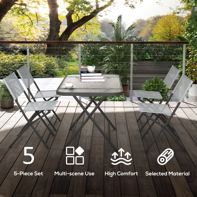 Outsunny 5 Pieces Foldable Patio Dining Table and Chairs, Outdoor Dining Set for 4 with Large Rectangle Glass Top Table and 4 Armless Chairs for Conservatory, Garden, Deck, Grey