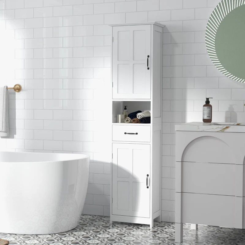 kleankin Modern Bathroom Cabinet, Narrow Bathroom Vanities with Open Shelf Drawer Recessed Doors and Adjustable Shelves White
