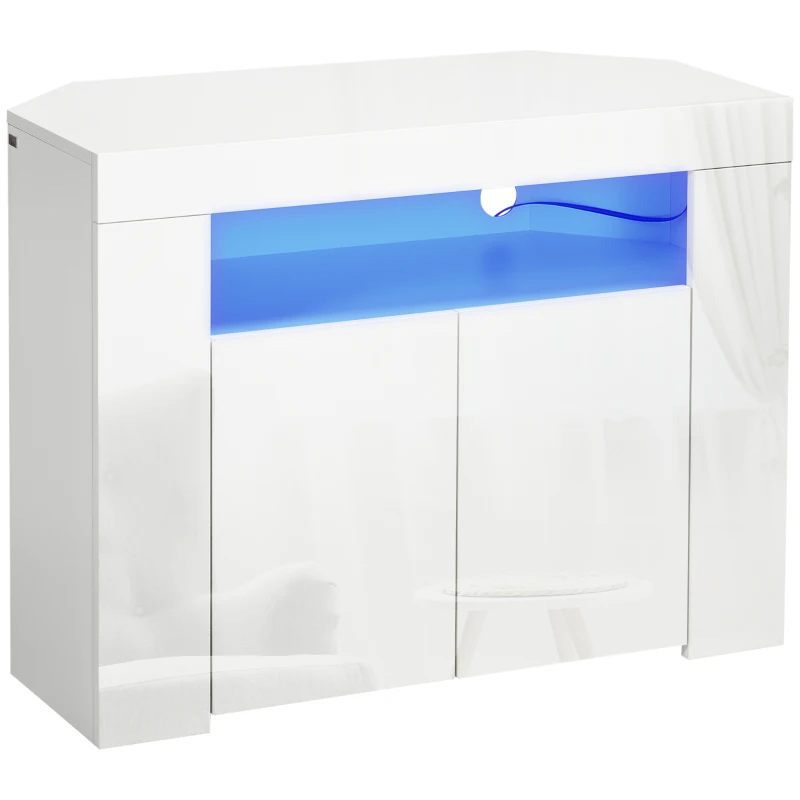 HOMCOM Corner TV Cabinet for 40 inches with LED Lights, High Gloss TV Stand with Cable Management and Open Shelf, White