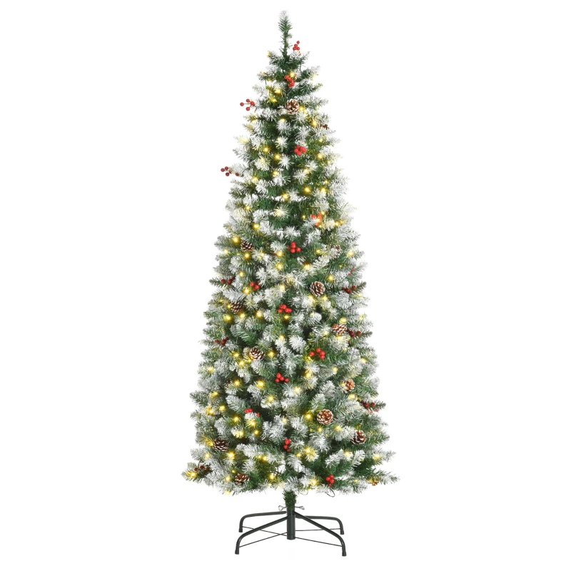 HOMCOM 6 ft Snow-Dipped Pencil Christmas Tree Pre-Lit Holiday Decoration with LED Lights Pine Cones Red Berries Green