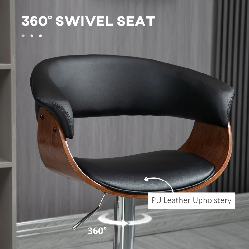 HOMCOM Counter Height Bar Stools Set of 2, Height Adjustable Swivel Barstools, PU Leather Bar Chairs with Arms and Footrest, Black