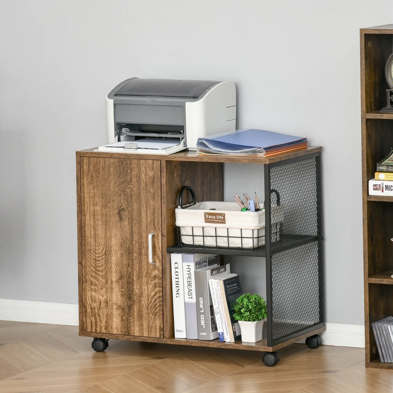 HOMCOM Lateral Filing Cabinet, Mobile File Cabinet Printer Stand Home Office Organizer with Wheels, Rustic Brown