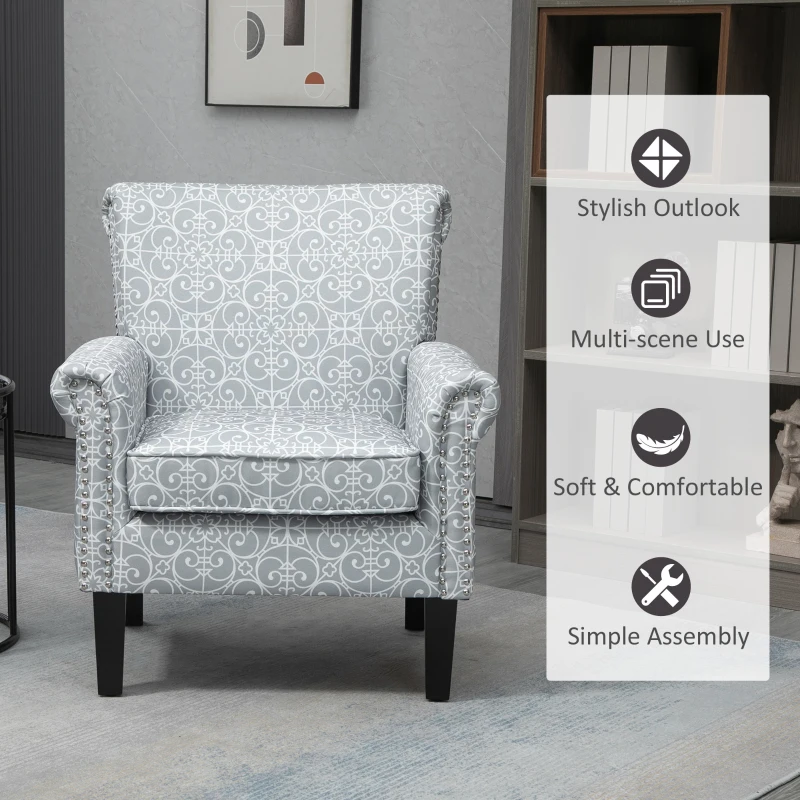 HOMCOM Upholstered Accent Chair, Single Armchair with Soft Linen Touch Fabric, Rolled Armrest with Nailhead Trim, Grey