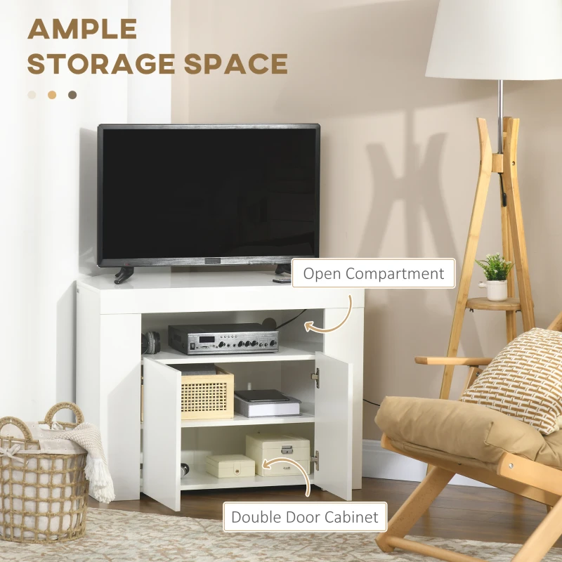 HOMCOM Corner TV Cabinet for 40 inches with LED Lights, High Gloss TV Stand with Cable Management and Open Shelf, White