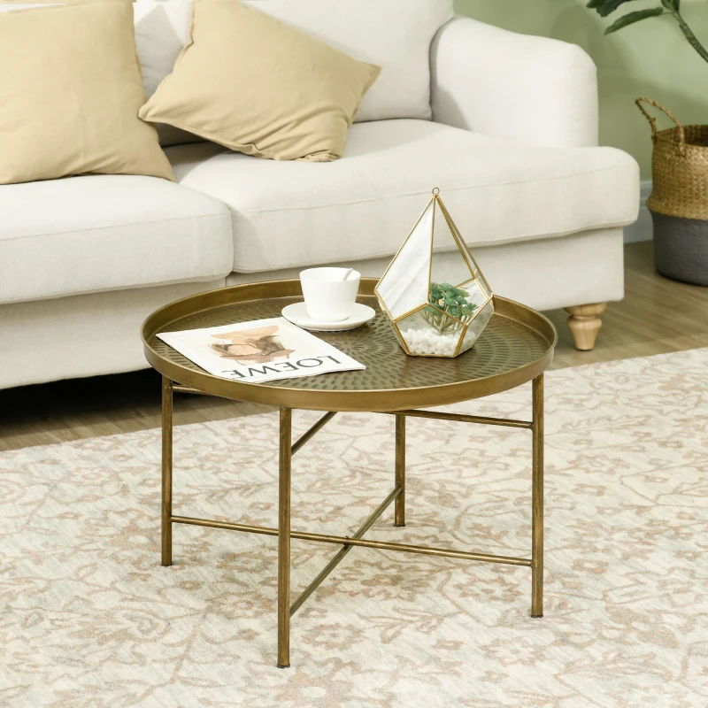HOMCOM Vintage Coffee Table for Living Room, 24" Round Center Table with Hammered Tray Top and Metal Frame, Gold