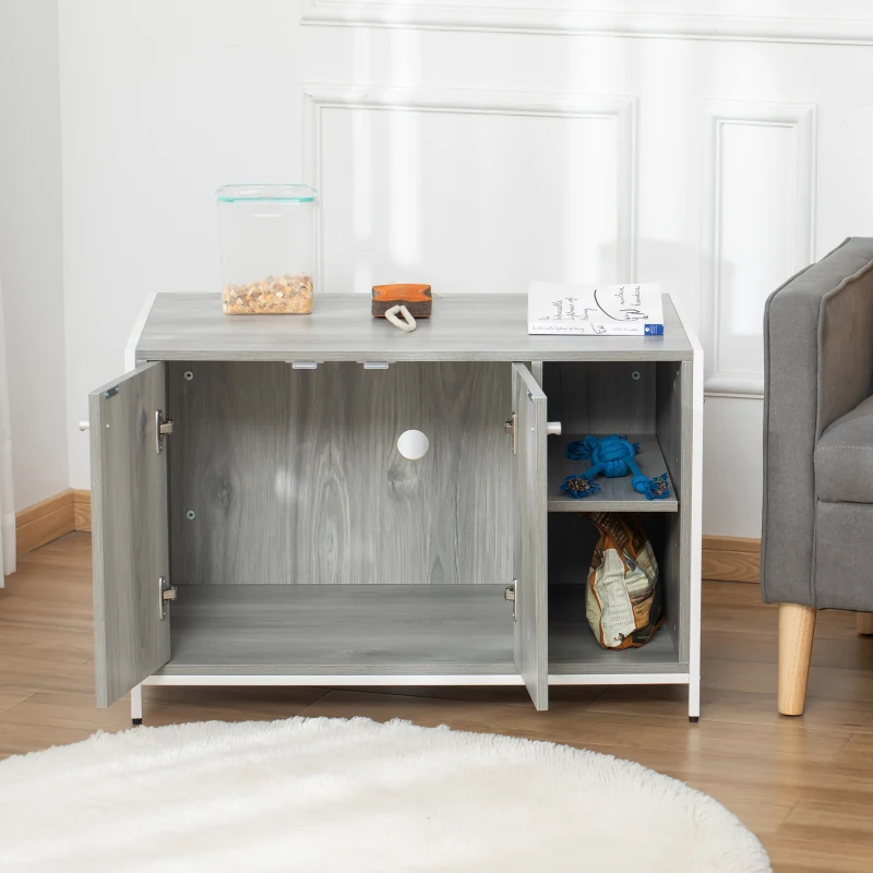 PawHut Cat Litter Box Enclosure Hidden Cat Furniture Cabinet Indoor Cat Washroom Double-door Nightstand End Table with Damping Hinge Multiple Storage Place Adjustable Partition Grey