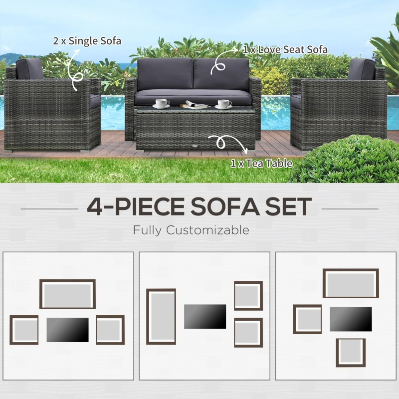 Outsunny 4 Pieces Patio Furniture Set w/ 4" Thick Cushions, PE Rattan Wicker Outdoor Sectional Sofa Set w/ Glass Top Coffee Table for Porch, Garden, Poolside, Balcony, Grey