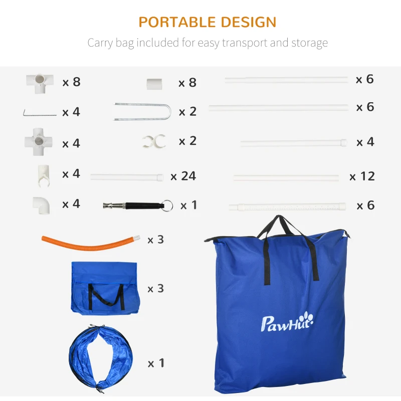 PawHut 7 Pcs Dog Agility Kit w/ Tunnels, Weave Poles, Adjustable Hurdles, Jump Ring, Pause Box, Whistle, Carry Bag, Blue