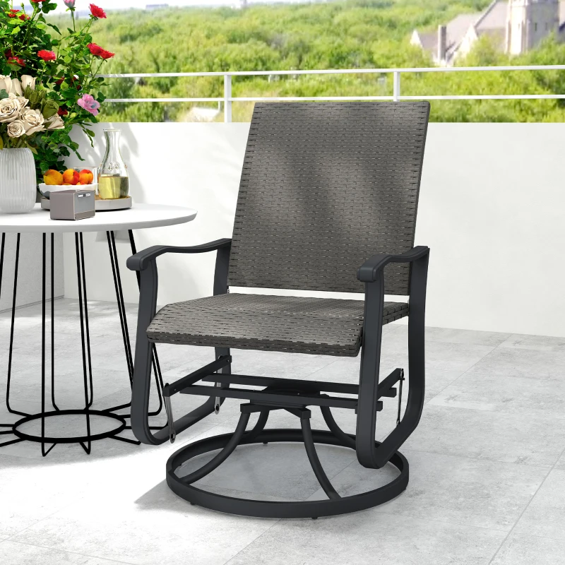 Outsunny Rattan Patio Glider, Wicker Outdoor Glider Swivel Chair with Steel Frame, High Back for Backyard Porch, Grey
