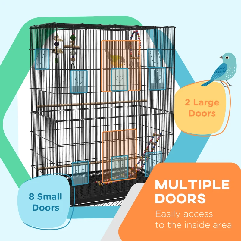 PawHut 63" Bird Cage w/ Open Top for Budgies, Cockatiels, Lovebirds Finches, Stand, Toys, Removable Tray, Storage Shelf