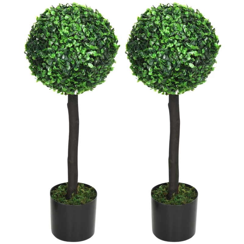 HOMCOM 2ft Artificial Plants Boxwood Ball Trees Set of 2 Fake Trees in Pot for Indoor Outdoor Green
