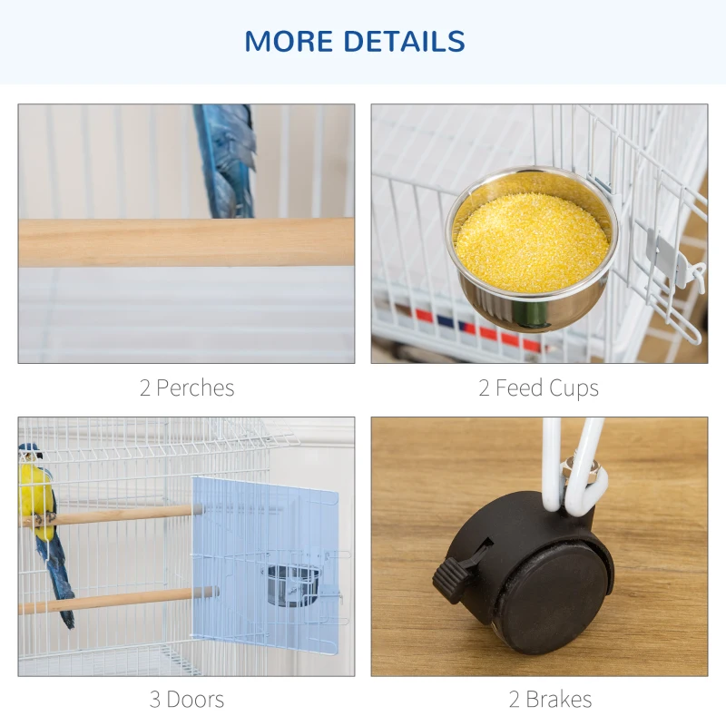 PawHut 53.9'' Large Rolling Steel Bird Cage Bird House with Detachable Rolling Stand, Storage Shelf, Wood Perch, Food Container, White