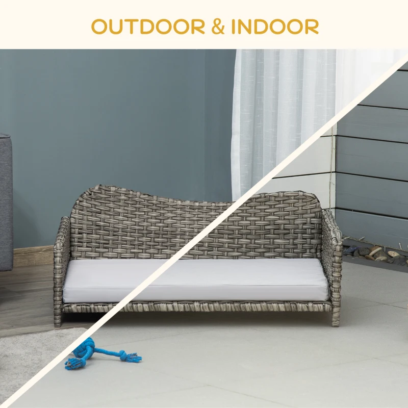 PawHut Rattan Pet Sofa for Large & Medium Dogs, Indoor & Outdoor Raised Wicker Dog Bed, Cat Couch, with Soft Washable Cushion, Light grey