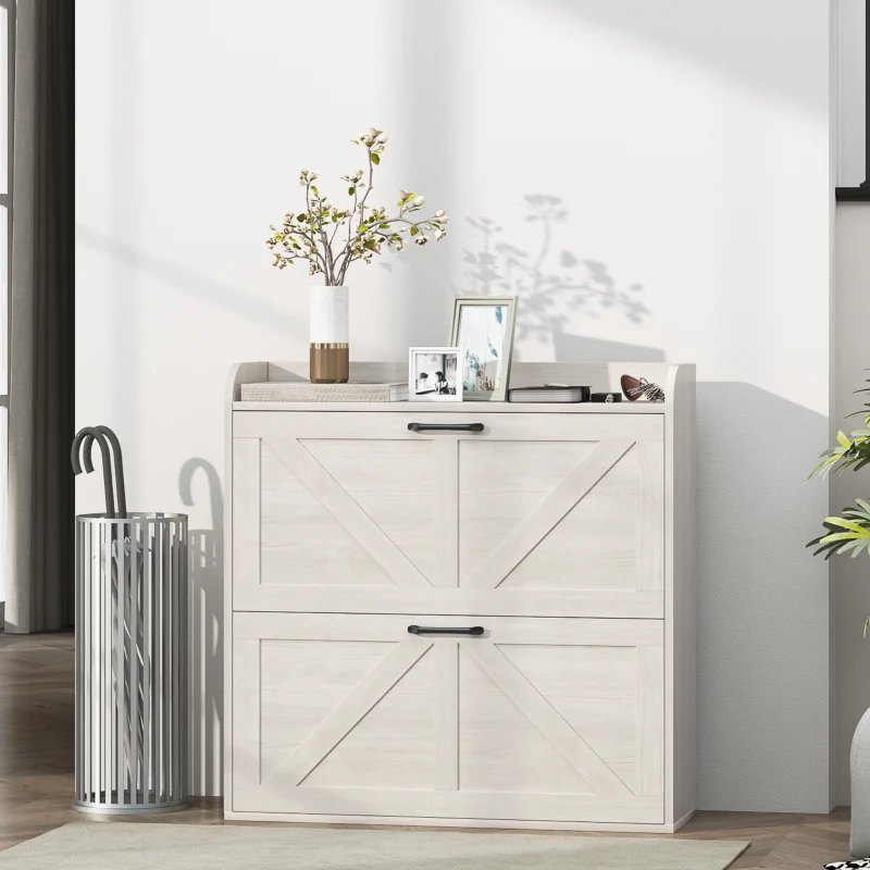 HOMCOM Narrow Shoe Storage Cabinet, Farmhouse Slim Shoe Cabinet with 2 Flip Drawers, Adjustable Shelves, White Oak