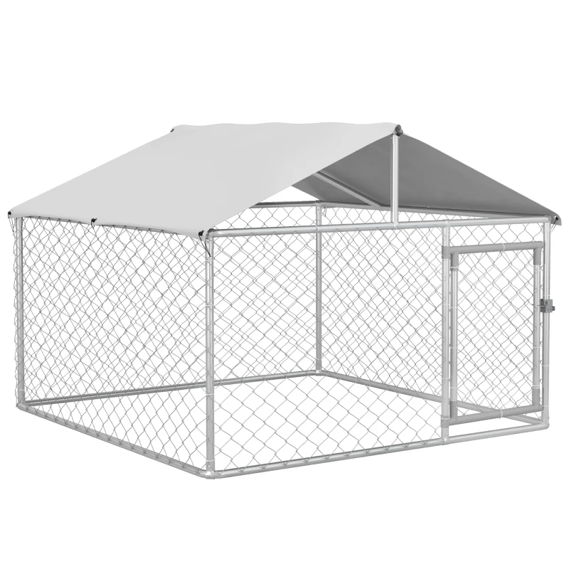 PawHut 6.6' x 6.6' x 4.9' Outdoor Dog Kennel Heavy Duty Galvanized Steel Chain Link with UV-resistant Roof, Silver