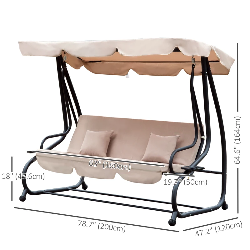 Outsunny 3-Seat Outdoor Patio Swing Chair, Converting Flat Bed, Canopy Swing with Adjustable Shade, Removable Cushions, Cup Holder, Light Brown