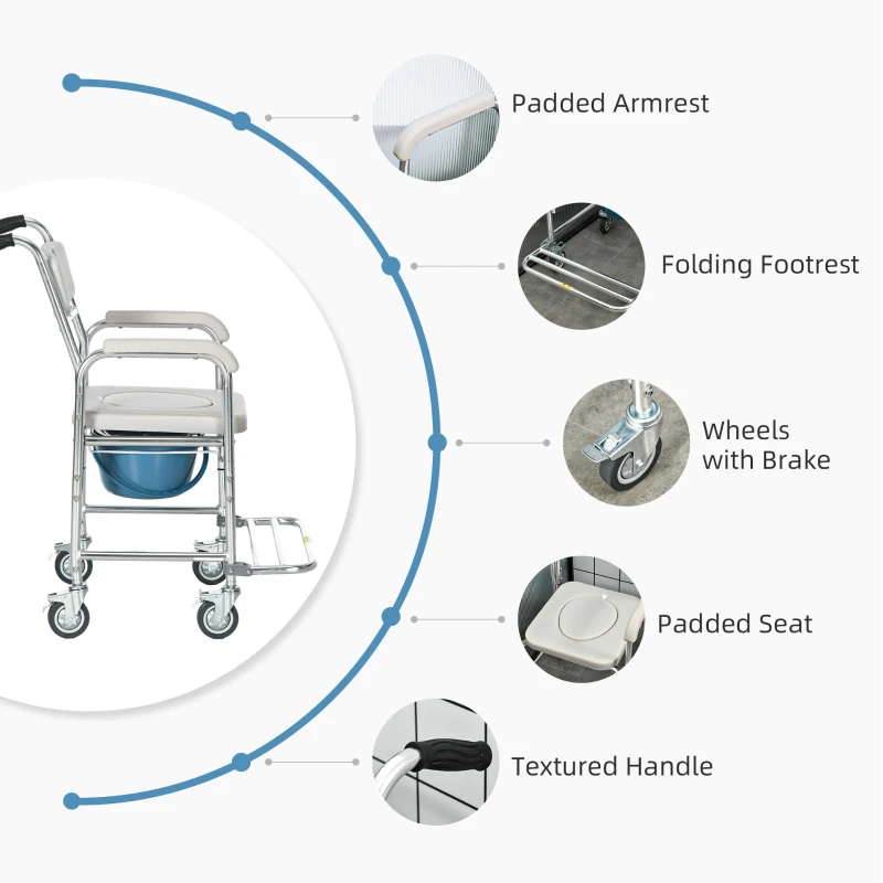 HOMCOM 3-in-1 Shower Commode Wheelchair, Transport Beside Commode Chair with Padded Seat for the Elderly, Disabled