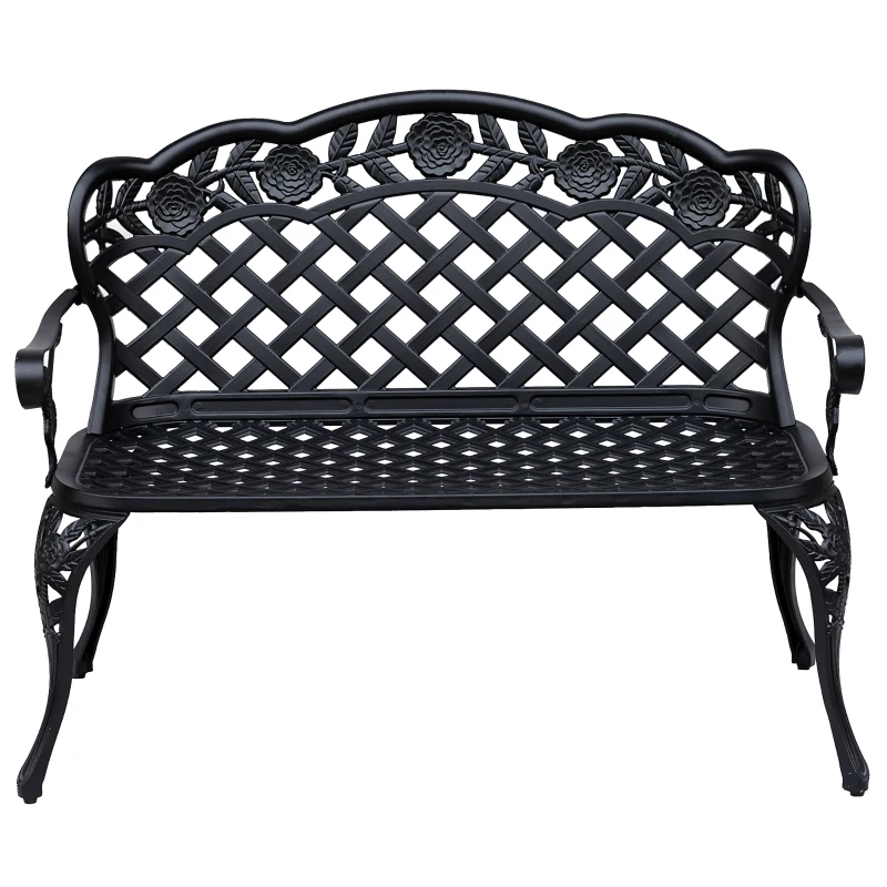 Outsunny Metal Garden Bench, 2 Seater Outdoor Patio Loveseat with Armrest and Floral Scroll Backrest, 42.1"x22.8"x33.5", Black