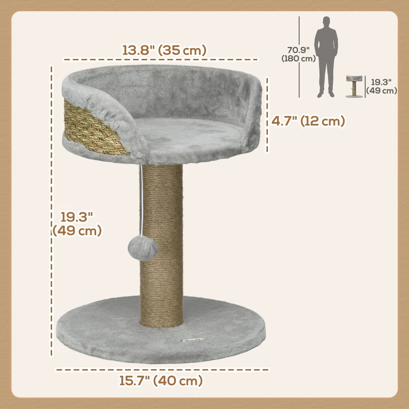 PawHut Cat Tree with Scratching Post, Toy Ball, Perch, Small Cat Tower for Indoor Cats - 16" x 16" x 19", Grey