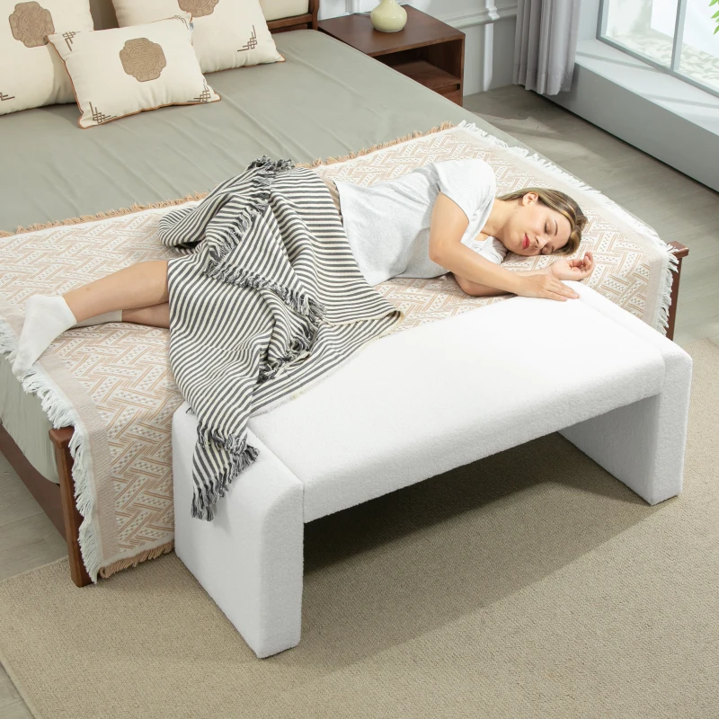 HOMCOM Upholstered Bedroom Bench, Boucle End of Bed Bench, Modern U-Shaped Entryway Bench, 47 x 18 x 18 Inches, White