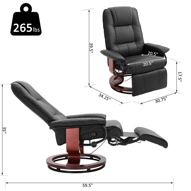 HOMCOM Manual Recliner Chair Armchair Sofa with Faux Leather Upholstered, Wood Base for Living Room Bedroom, Black