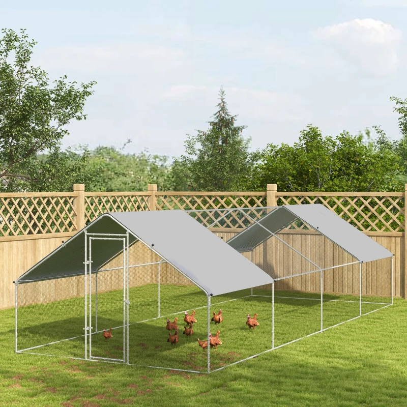 PawHut Chicken Run Walk-In Metal Chicken Coop, 3 Rooms Galvanized Poultry Cage Outdoor with Waterproof UV-Protection Cover for Rabbits, Ducks, 9.8' x 26.2'