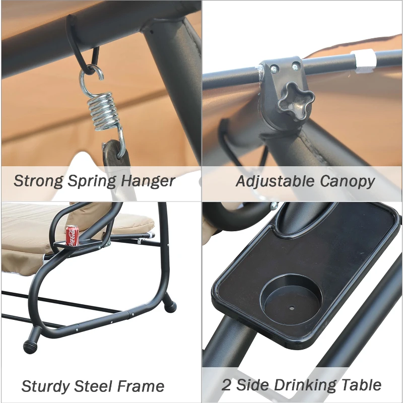 Outsunny 3-Seat Outdoor Patio Swing Chair, Converting Flat Bed, Canopy Swing with Adjustable Shade, Removable Cushions, Cup Holder, Light Brown