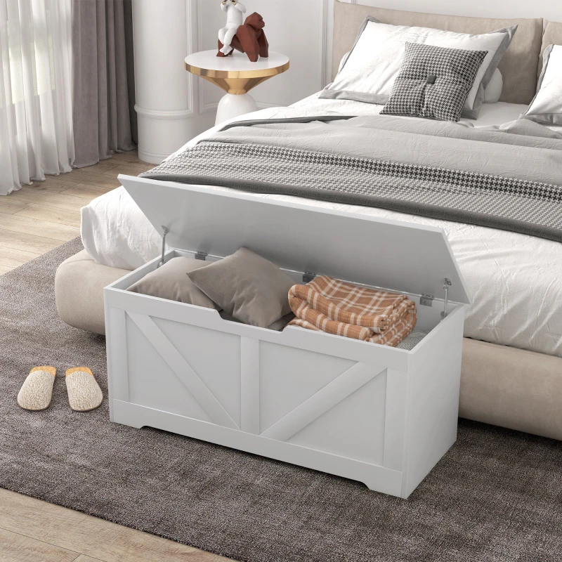 HOMCOM 39.4 Inches Storage Chest, Storage Trunk with 2 Safety Hinges, Wooden Box for Living Room, White Wood Grain