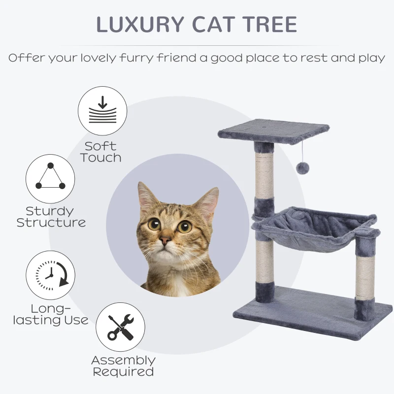 PawHut 27.5" Cat Tree Tower Kitten House Condo Furniture Hammock Bed with Natural Sisal Scratching Post Teasing Toy, Light Grey