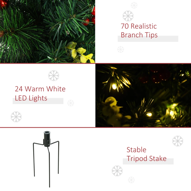 HOMCOM 2.5ft 2 Pieces Prelit Artificial Christmas Tree with LED Light Mini Xmas Tree with Small Berry Pine Needles Pinecones Decorations for Garden