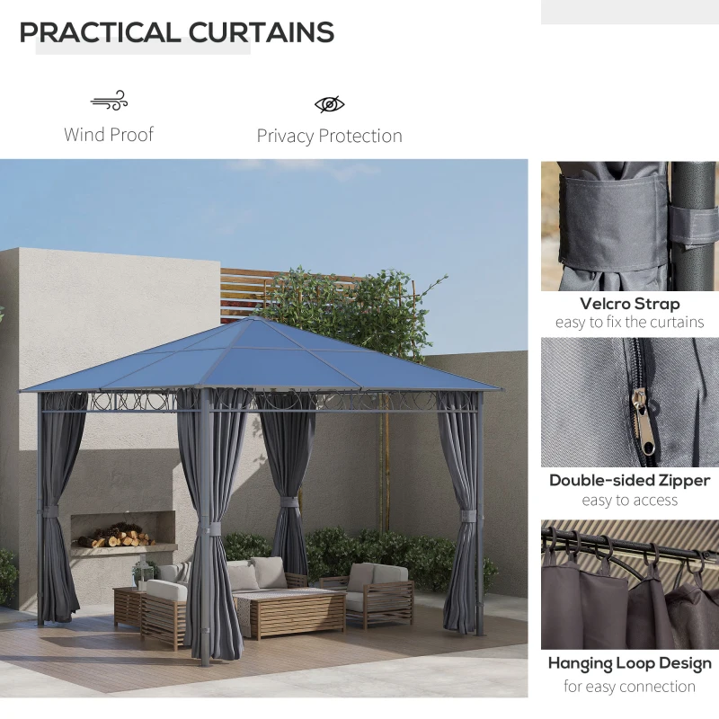 Outsunny 10' x 10' Polycarbonate Hardtop Gazebo Canopy, Outdoor Patio Gazebo with Aluminum Frame & Curtains, Dark Grey