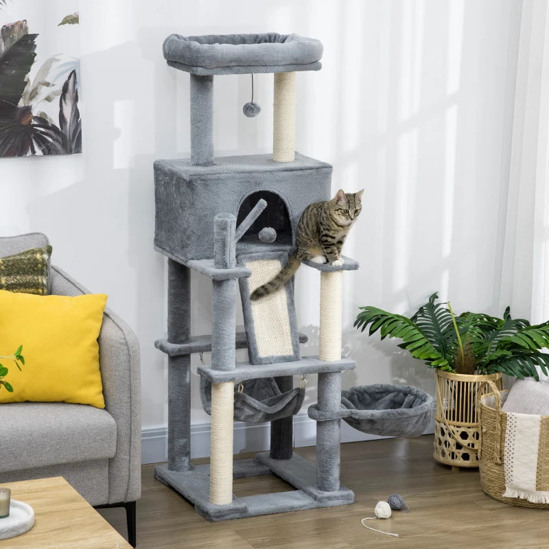 PawHut 55" Cat Tree for Indoor Cats, Cat Tower, Kitty Activity Center with Cat Bed Ramp Condo Hammocks Hanging Ball Toys Sisal Rope Scratching Post, Grey