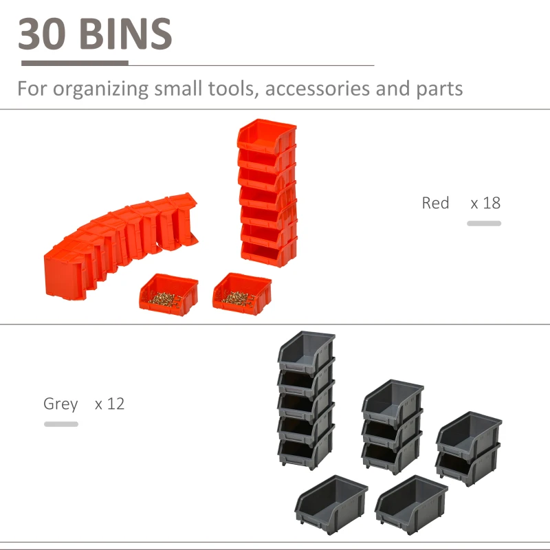 DURHAND Wall Mounted Storage Bin Rack Tool Organizer with 30 Bins, Pegboard for Garage Workshops Red