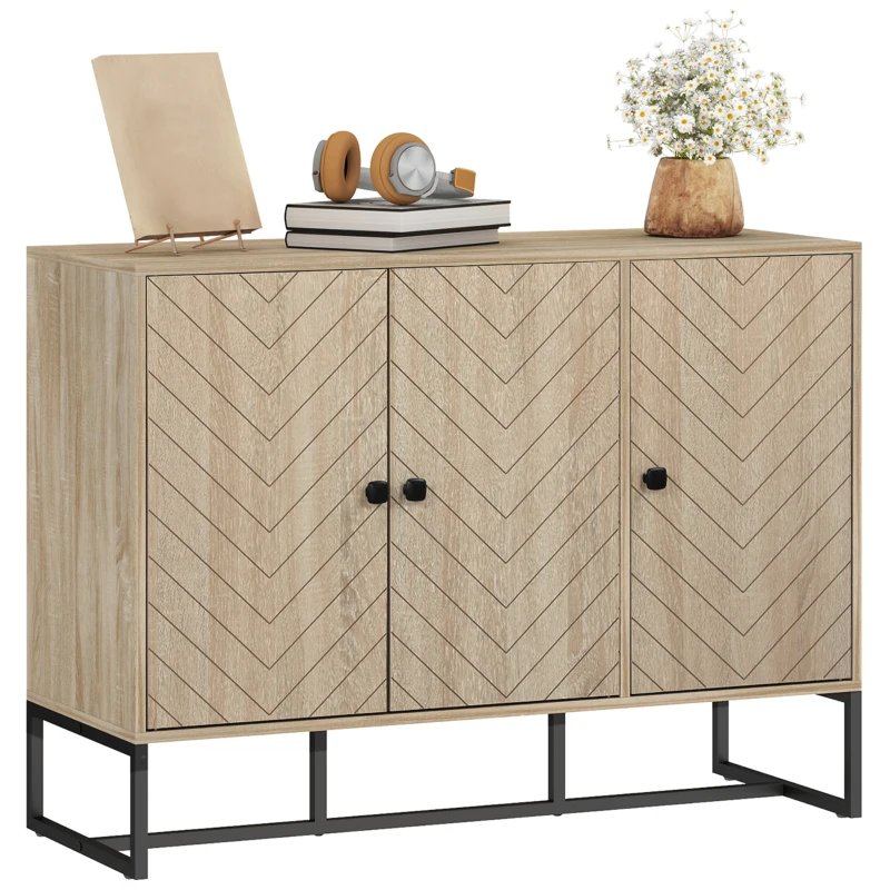 HOMCOM Modern Sideboard, Buffet Cabinet with Adjustable Shelves, 3 Chevron Doors for Living Room, Hallway, Oak Wood Grain