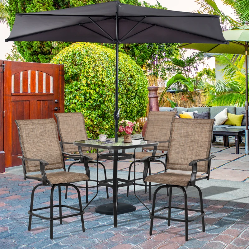 Outsunny 5 Pieces Patio Furniture Set, Outdoor Garden Conversation Set with Tempered Glass Table, 4 Swivel Chairs and Umbrella Hole, Brown