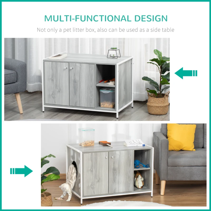 PawHut Cat Litter Box Enclosure Hidden Cat Furniture Cabinet Indoor Cat Washroom Double-door Nightstand End Table with Damping Hinge Multiple Storage Place Adjustable Partition Grey
