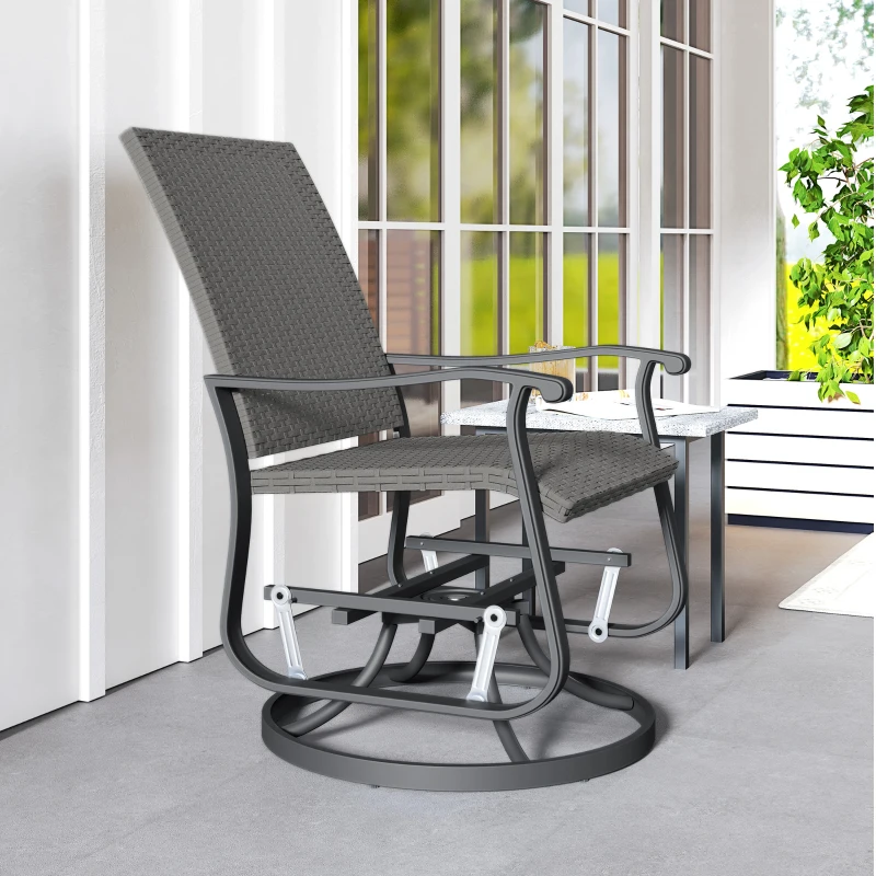 Outsunny Rattan Patio Glider, Wicker Outdoor Glider Swivel Chair with Steel Frame, High Back for Backyard Porch, Grey