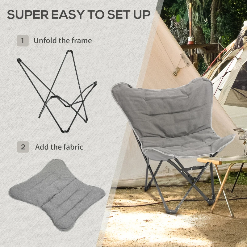 Outsunny Folding Camping Chair, Oversized Padded Lawn Chair w/ Steel Frame for Outdoor, Beach, Picnic, Hiking, Travel, Light Grey