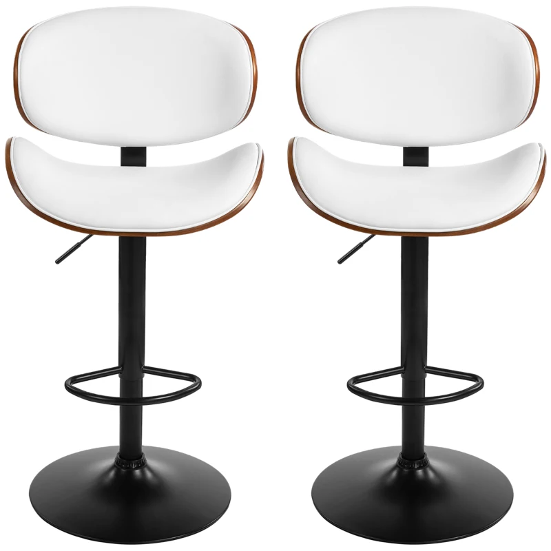HOMCOM Bar Stools Set of 2, Modern PU Leather Adjustable Swivel Barstools with Curved Back, Footrest and Steel Base, White