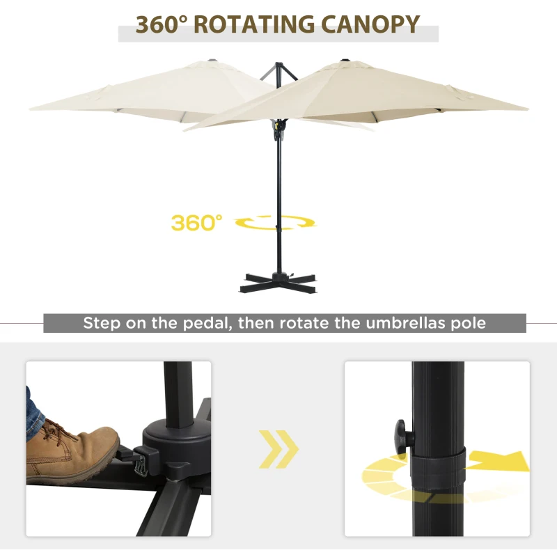 Outsunny 8' x 8' Square Patio Hanging Offset Umbrella with 360° Rotation, Aluminum Outdoor Cantilever Parasol with Crank & Tilt, Sun Canopy Shelter with Cross Base, White