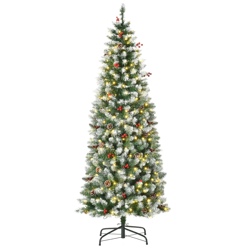 HOMCOM 6 ft Snow-Dipped Pencil Christmas Tree Pre-Lit Holiday Decoration with LED Lights Pine Cones Red Berries Green