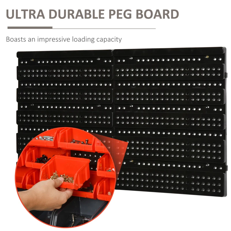 DURHAND Wall Mounted Storage Bin Rack Tool Organizer with 30 Bins, Pegboard for Garage Workshops Red