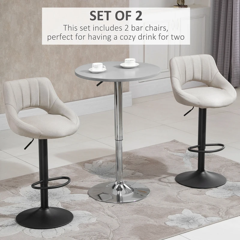 HOMCOM Bar Stools Set of 2, Swivel Counter Height Barstools with Adjustable Height, Linen Upholstered Bar Chairs with Round Metal Base and Footrest, Cream