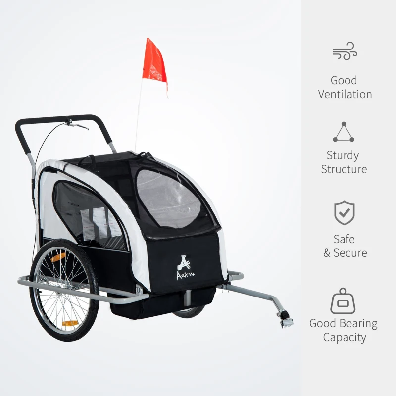 Aosom Child Bike Trailer Kid Bicycle Trailer with Adjustable Handlebar 2-Seater Grey and Black