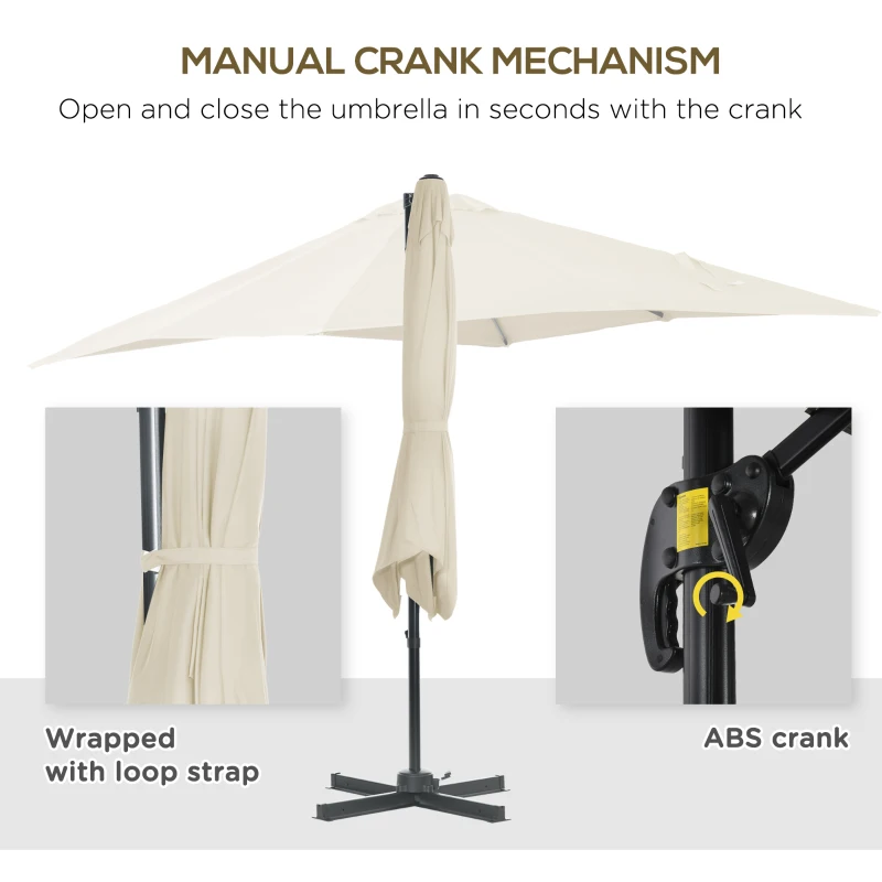 Outsunny 8' x 8' Square Patio Hanging Offset Umbrella with 360° Rotation, Aluminum Outdoor Cantilever Parasol with Crank & Tilt, Sun Canopy Shelter with Cross Base, White