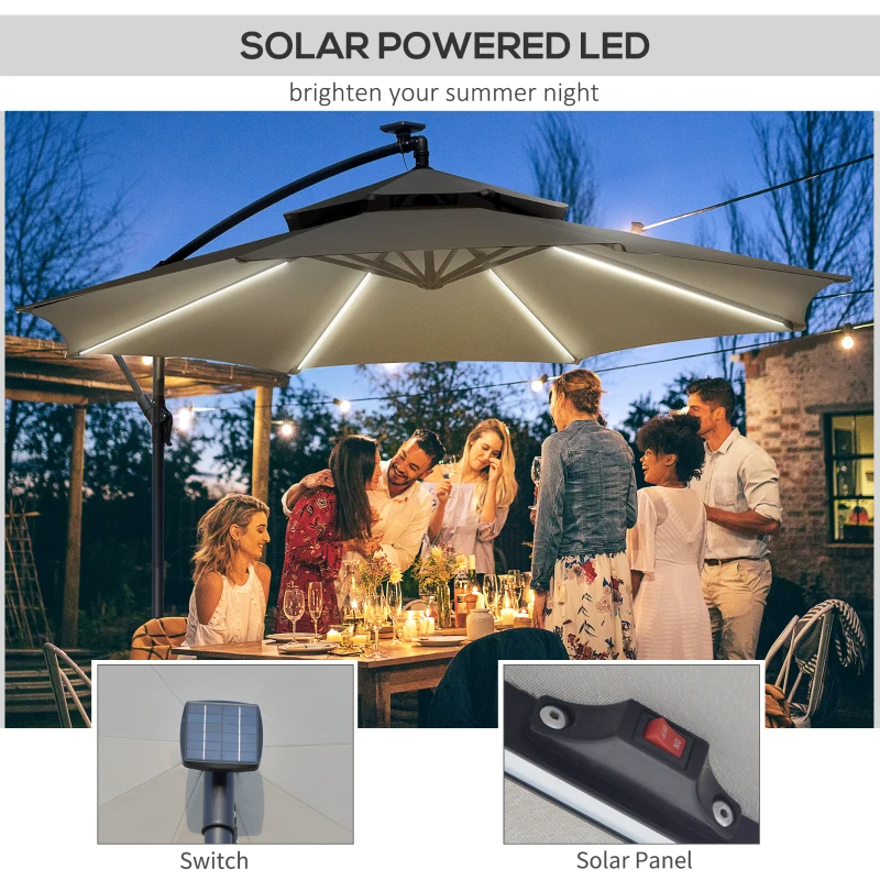 Outsunny 10FT Cantilever Patio Umbrella with Lights Solar Powered Offset Umbrella with Crank and Cross Base for Deck Light Grey