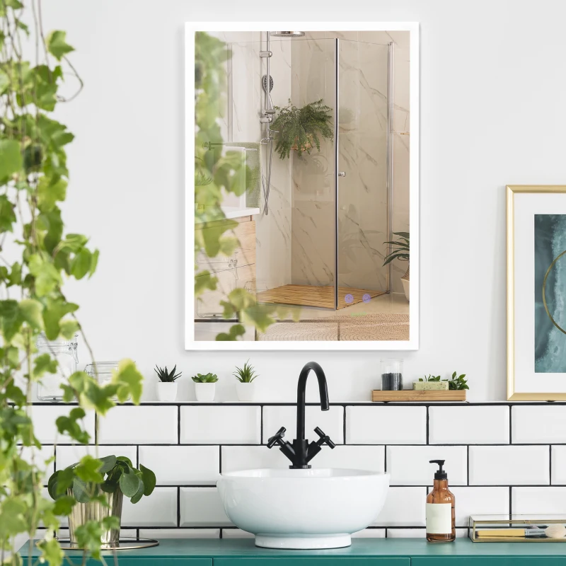 kleankin 28" x 20" LED Bathroom Mirror, Anti Fog Wall-Mounted Mirror with 3 Temperature Colors, Memory Function, Plug-in