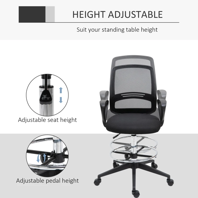 Vinsetto Ergonomic Drafting Chair, Mesh Tall Office Chair for Standing Desk with Fixed Armrests, Lumbar Support, Adjustable Footrest Ring and Seat Height, Black B