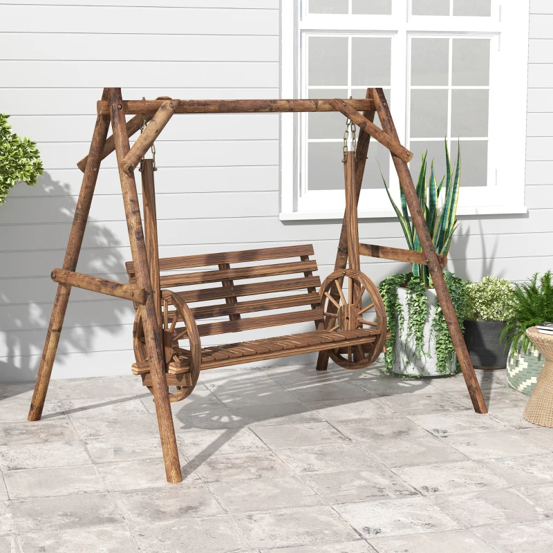 Outsunny Patio Swing Chair with A-Frame Stand, 2 Seat Wooden Porch Swing for Garden, Poolside, Backyard, Carbonized Brown